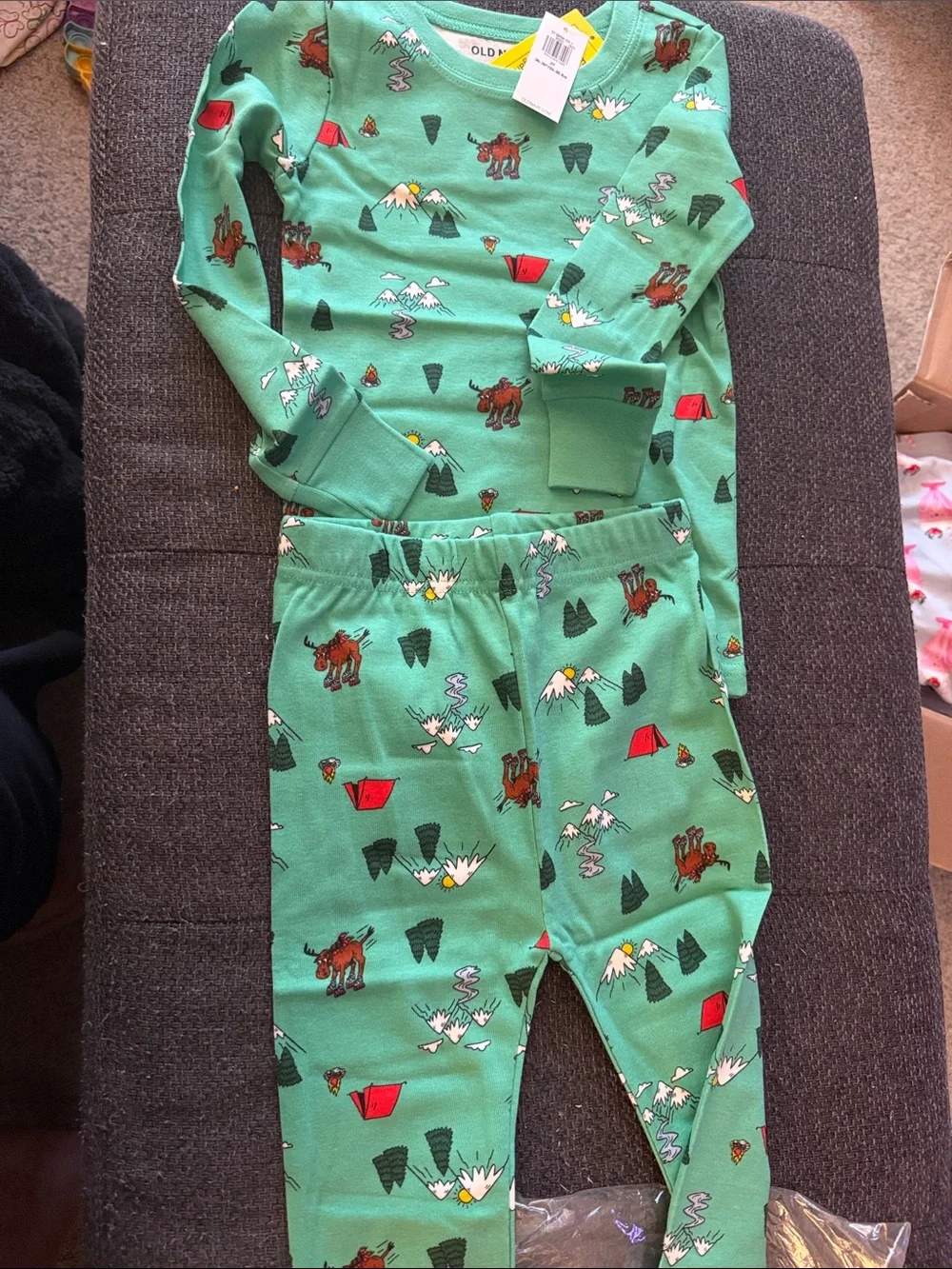 Old Navy Green Moose & Camp Print Pajama Set with Red Accents